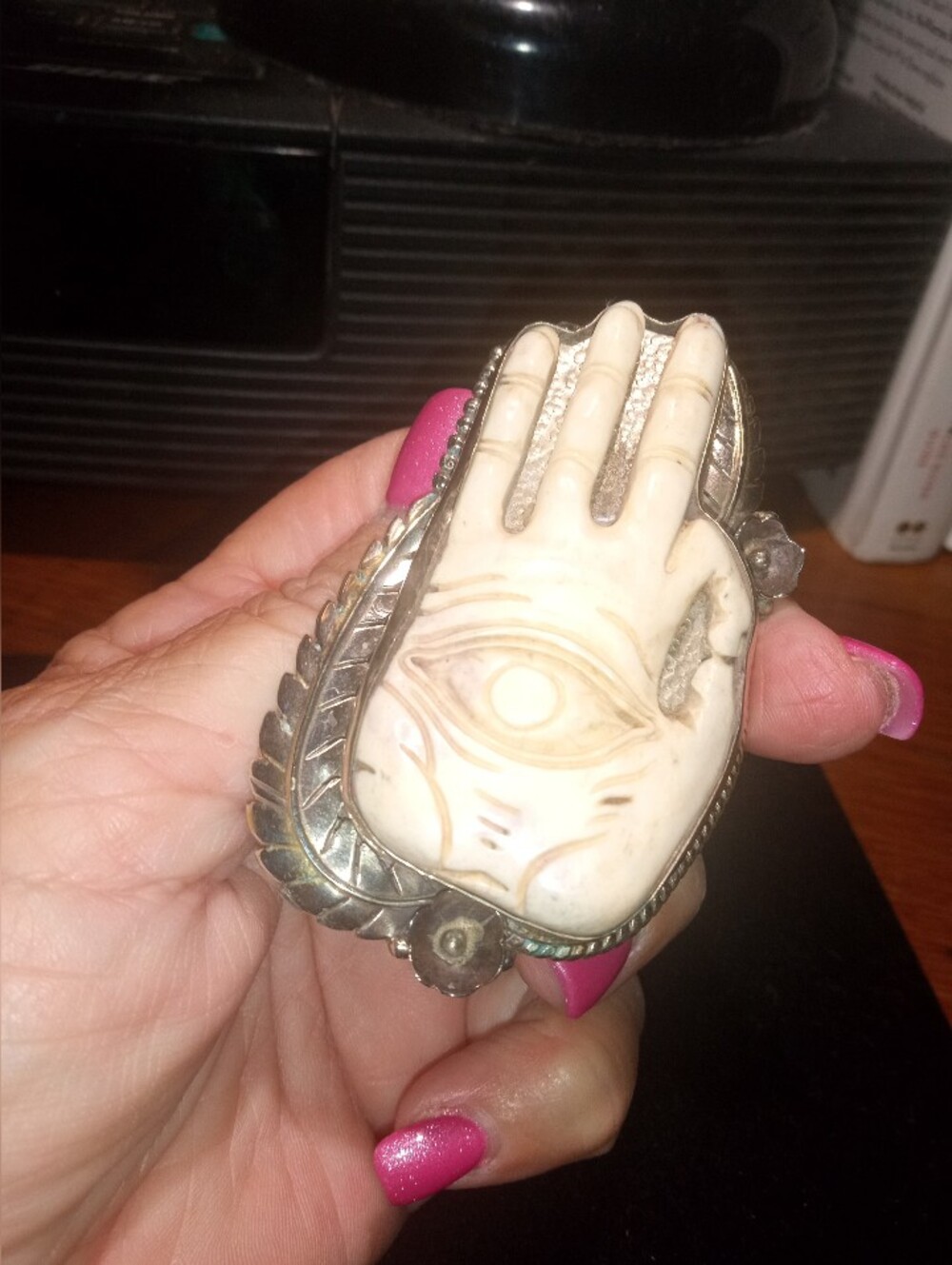Hand-Shaped Carved Stone Huge Ring  in Ivory Tone Bone In German Silver